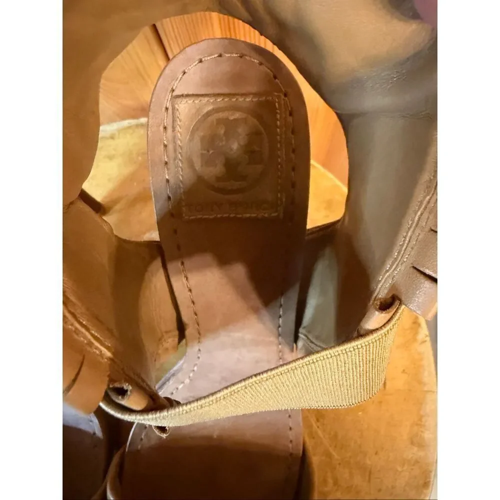 Tory Burch woven leather heels Light Brown Size 10.5M Ankle Cuff Elastic